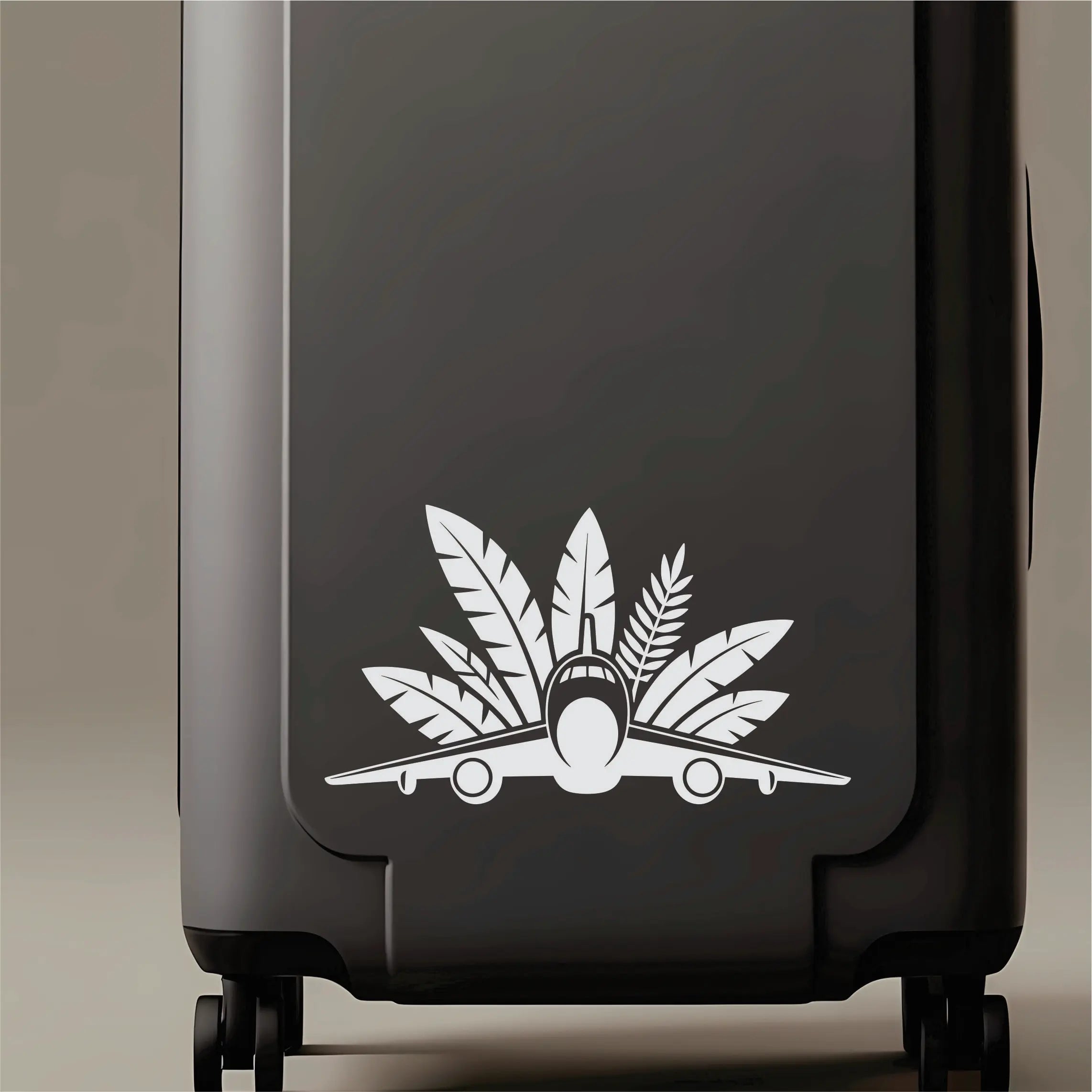 Tropical airplane vinyl decal shown on laptop and tumbler, ideal sticker for pilots, flight attendants and travel lovers planning their next trip.
