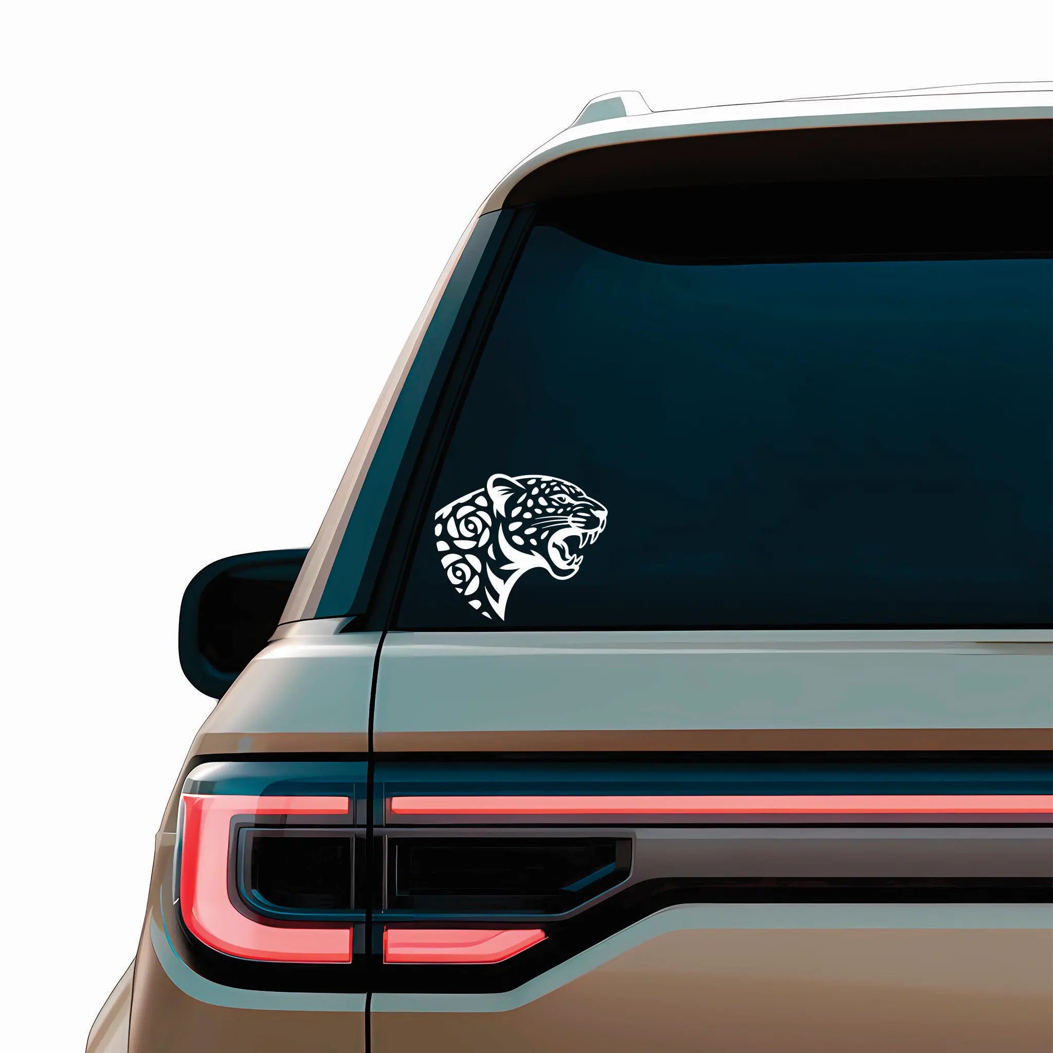 Floral jaguar vinyl decal with an open-mouthed head profile; a clean sticker for car windows and bumpers that stands out without visual noise.