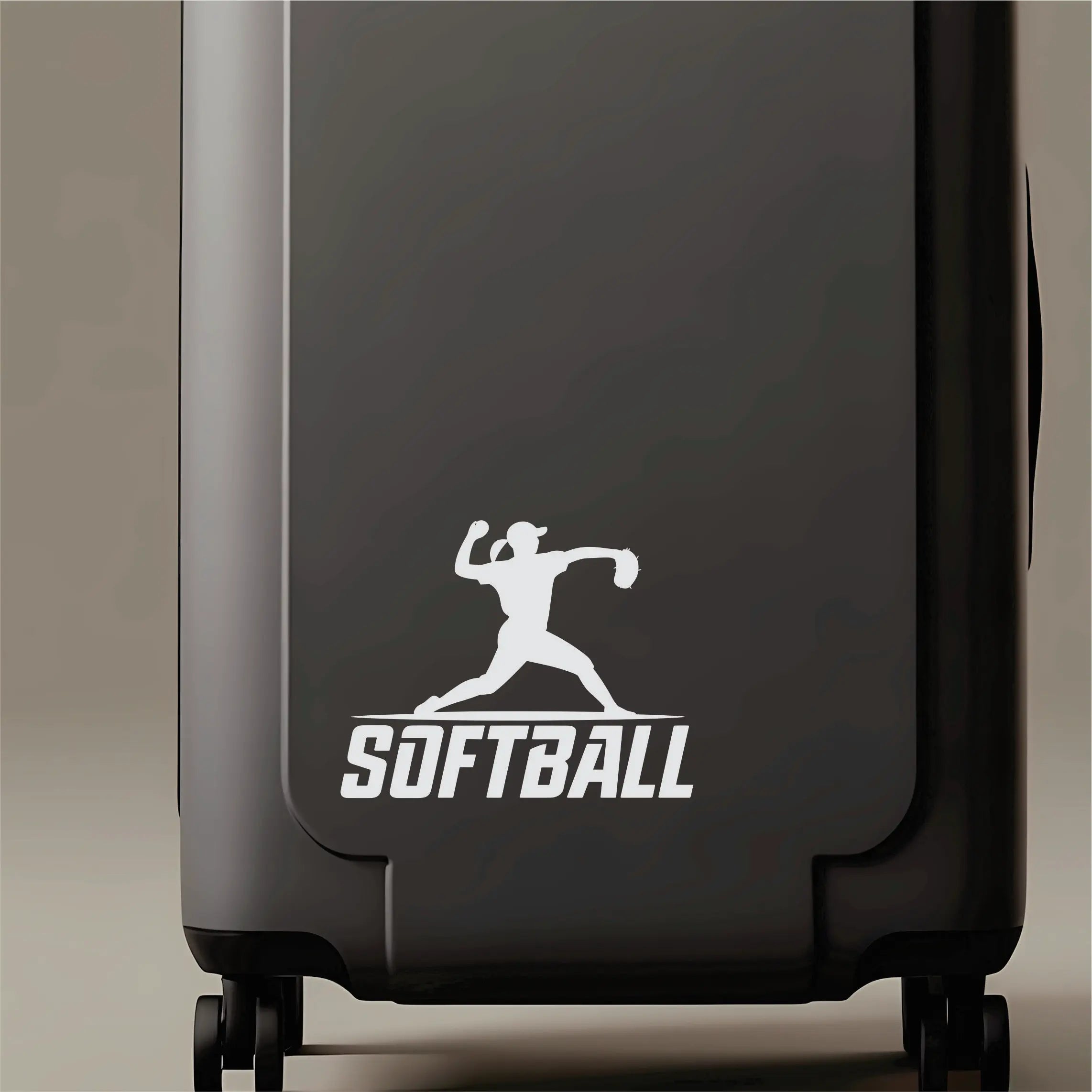 Minimal softball player vinyl decal shown on tumbler and notebook, a sporty sticker for school teams, travel ball and supportive team moms.