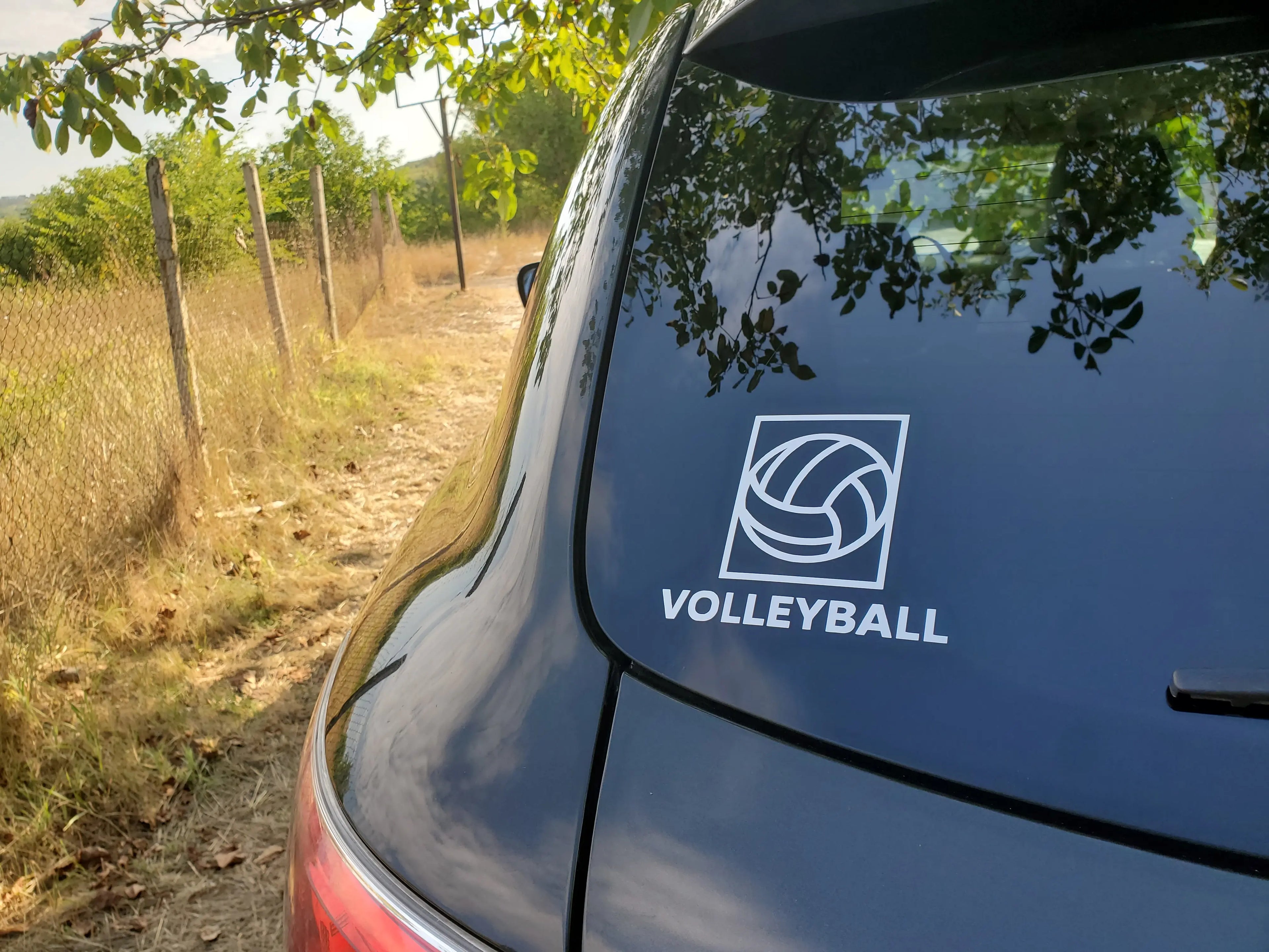 Volleyball vinyl decal in a square emblem style, a sporty sticker for gear bins, clipboards and everyday tech used around the court.